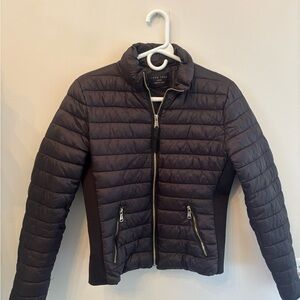 Love Tree women's black puffer jacket with gold-tone accents